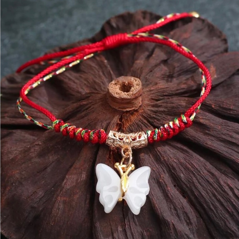 Asian Butterfly Milky Snow Quartz Gold Ornate Red Double Band Thread Knot Bangle